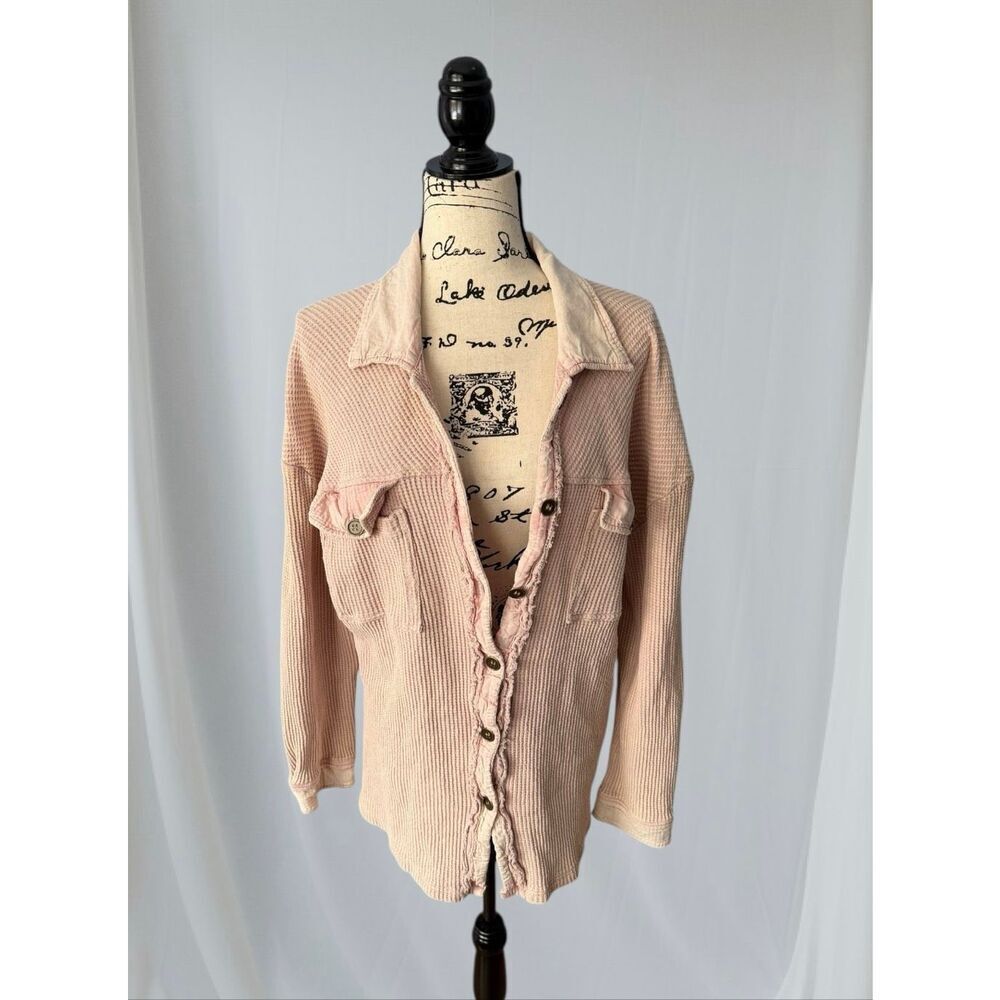 Veveret Women's Size Large Blush Pink Waffle Knit Shacket Jacket Cotton